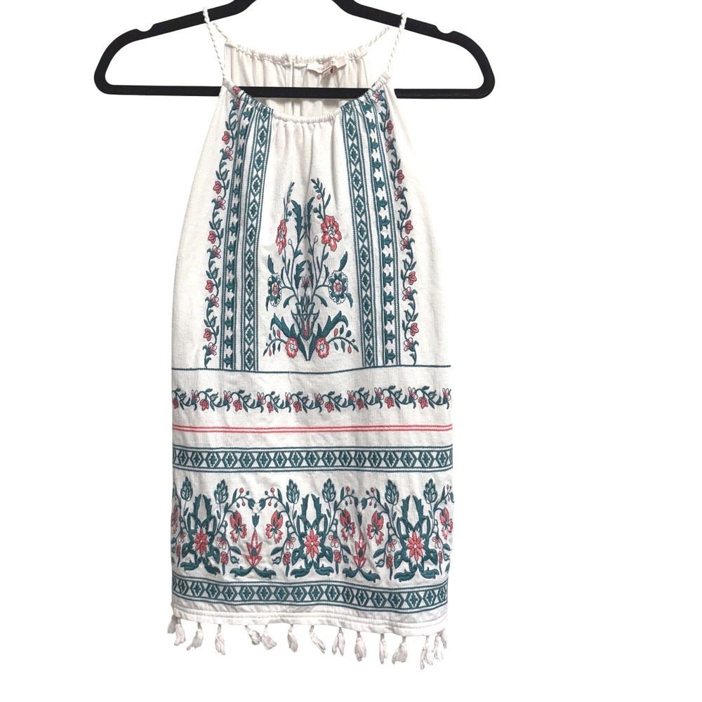 Skies Are Blue Embroidered Tassel Halter Top White Floral Boho Large